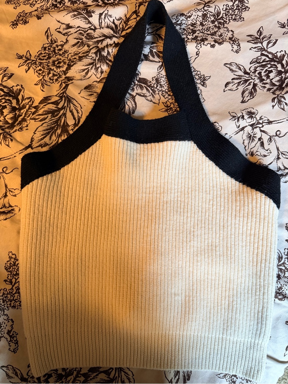 Sleeveless Ribbed Knit Halter Tank Top — white with Black Trim